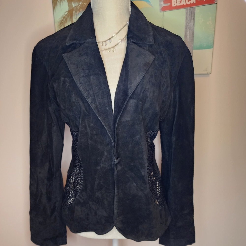 Mertillo EUC black suede blazer crochet cutout lightweight L